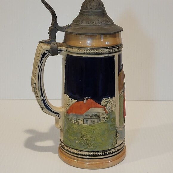 Vintage German Beer Stein Pewter Lid 8.5 in Tall Hand Painted Couple 0.5 L - Picture 2 of 16